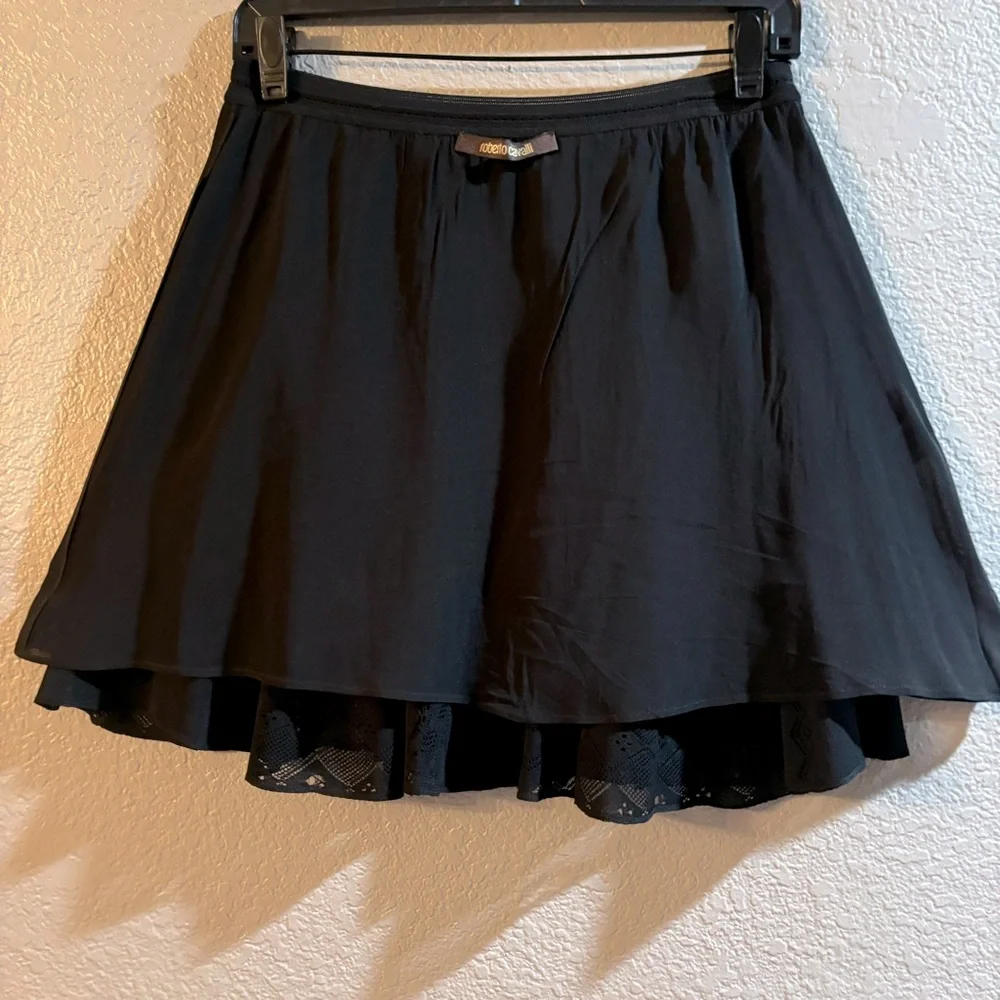 ROBERTO CAVALLI black A-line knit mini skirt Lace hem luxury Italian designer M